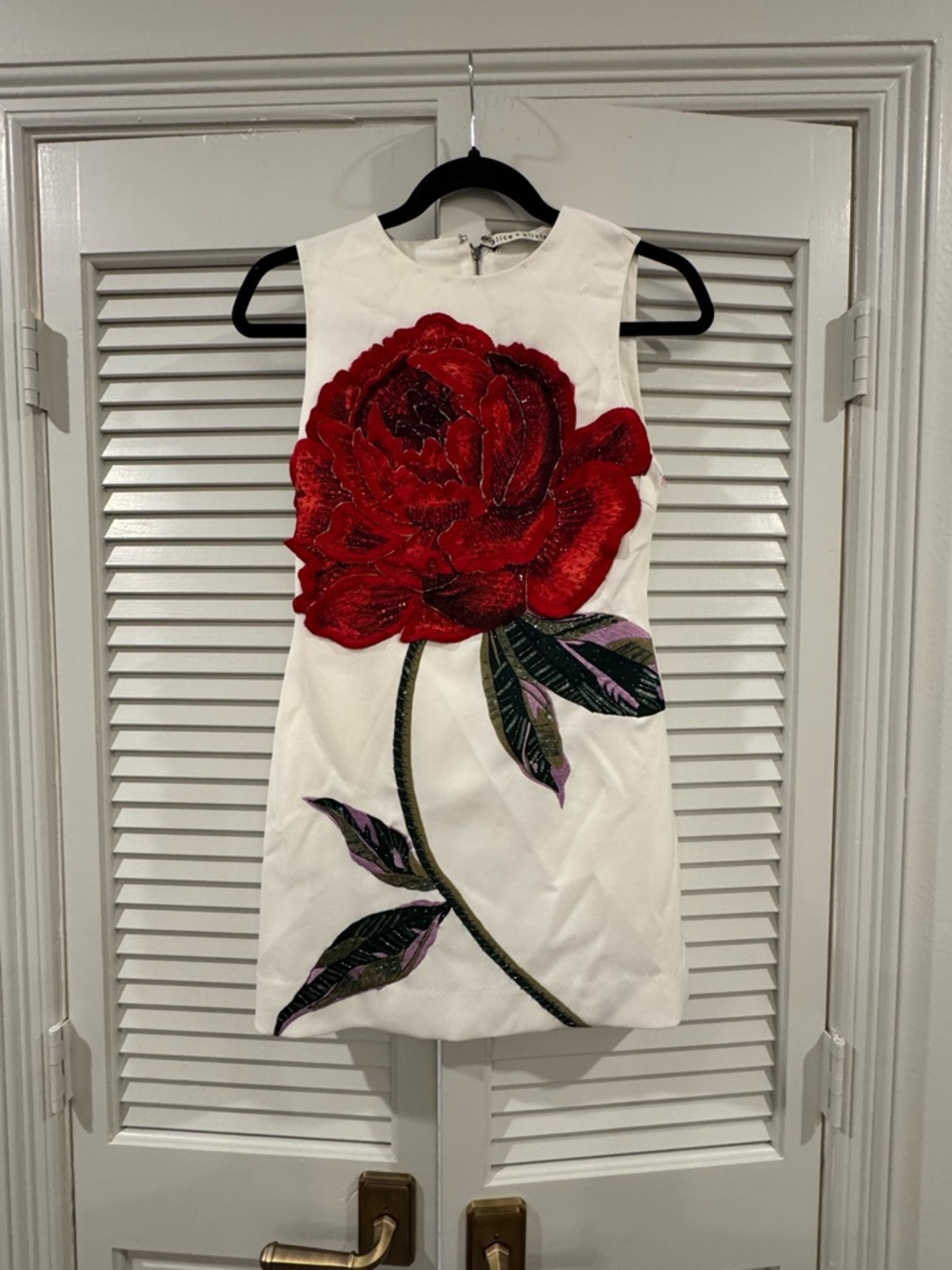 Alice + Olivia White Mini Dress with Red Floral Appliqué